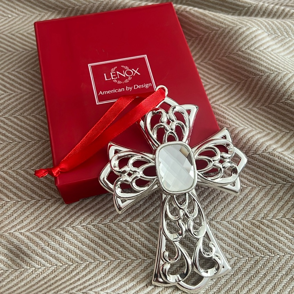 Lenox Crystal Bejeweled Silver Cross Ornament NIB